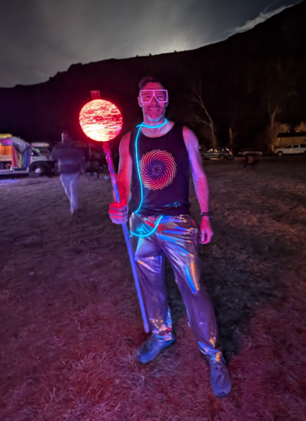 Field testing the internally lit LED disco staff at night