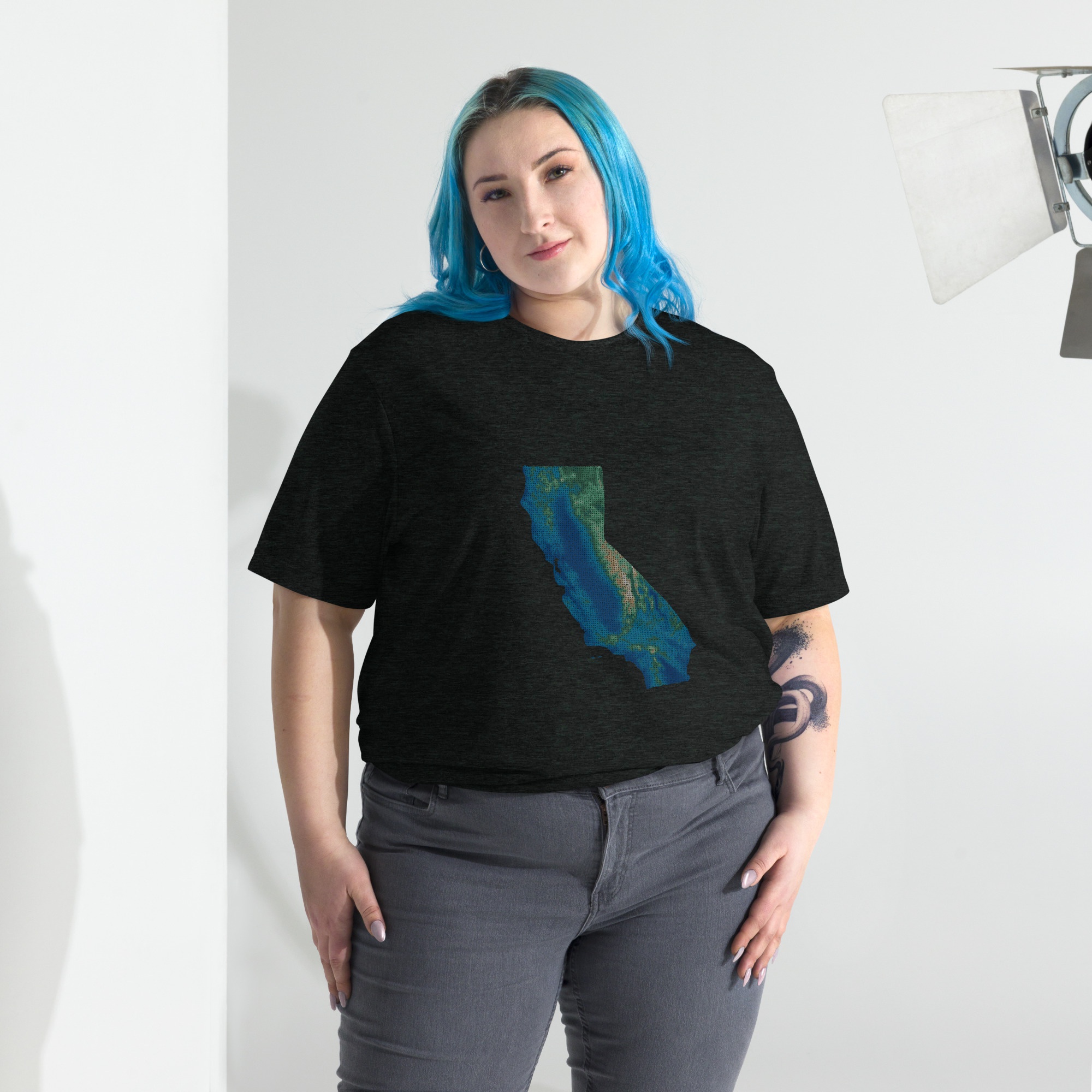 California Shaded Elevations Topographic Graphic T-Shirt - Model View (Charcoal-Black Triblend)