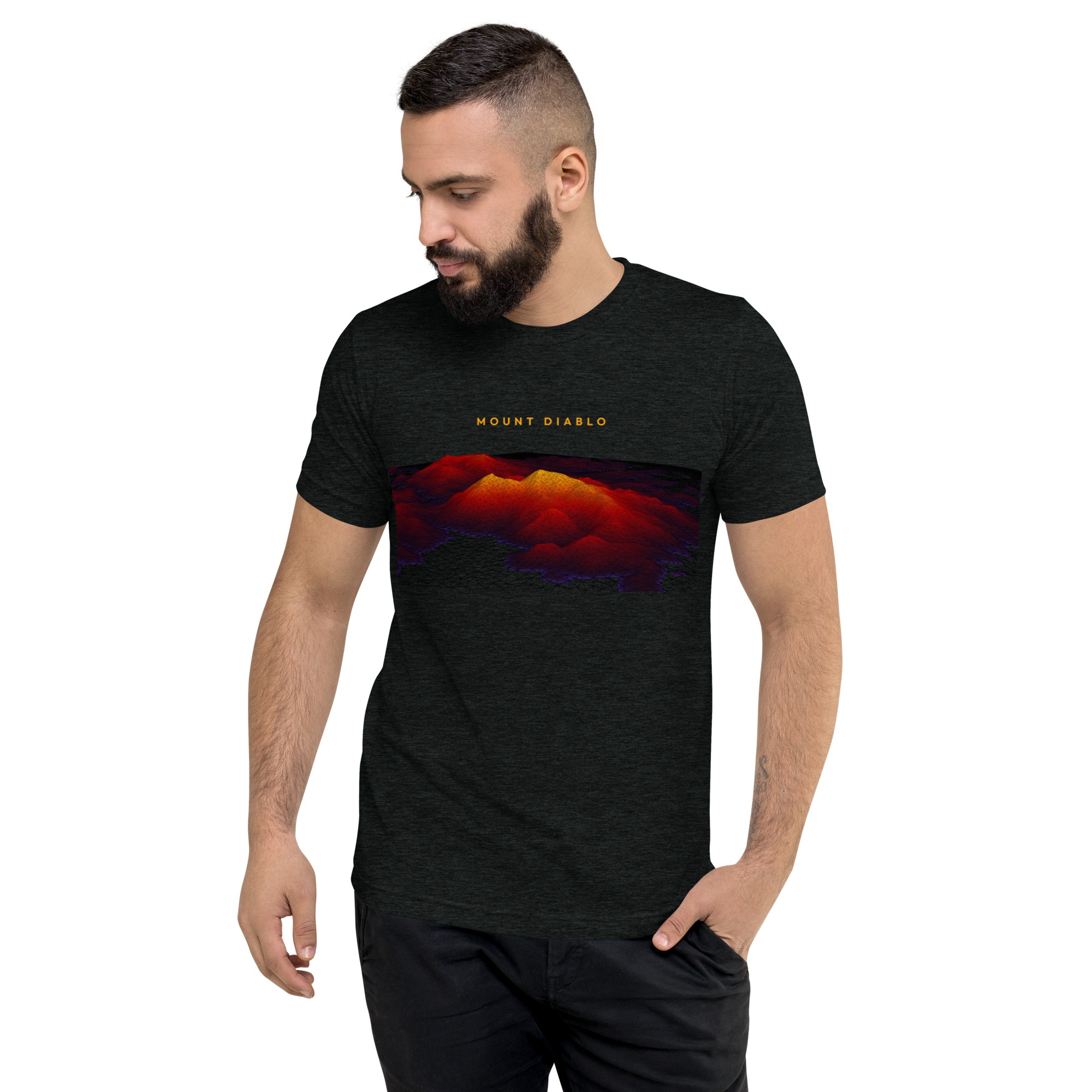 Mount Diablo Topographic Wireframe Elevation Graphic T-Shirt - Model View (Charcoal-Black Triblend)
