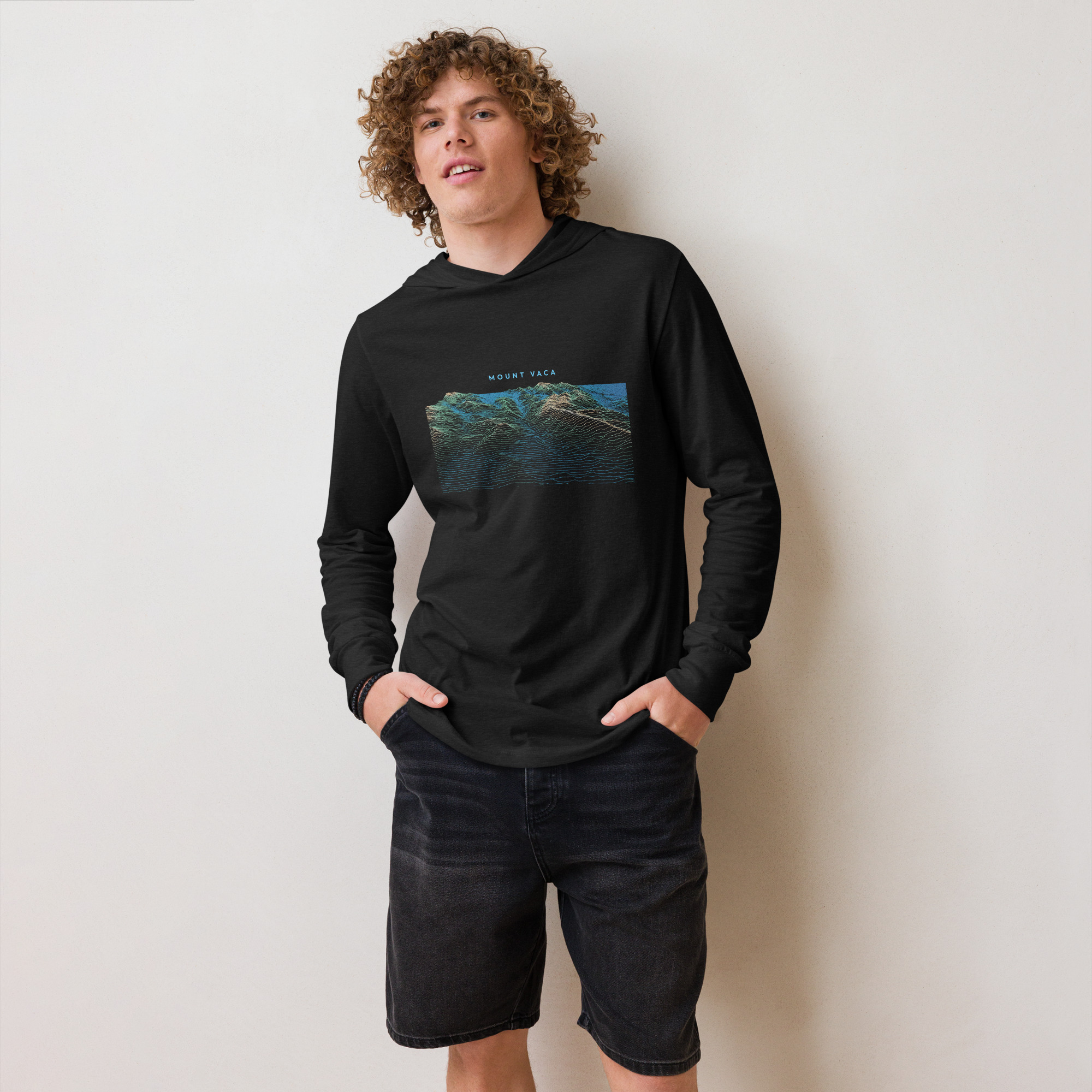 Mount Vaca Ridgelines Elevation Hooded Long-Sleeve Tee - Model View (Charcoal-Black Triblend)