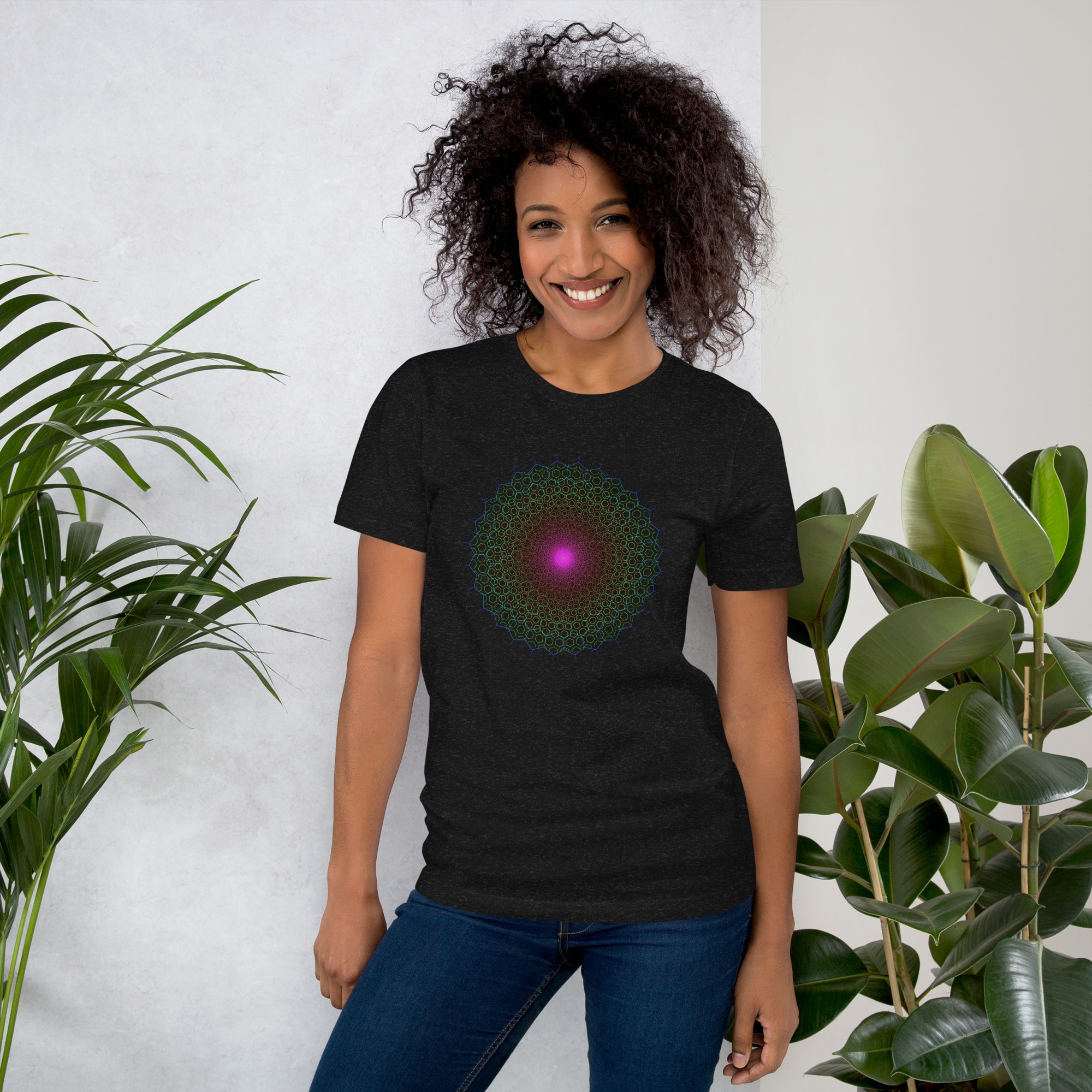 Violet Eye Hexagon Mandala Graphic T-Shirt - Model View (Black Heather)